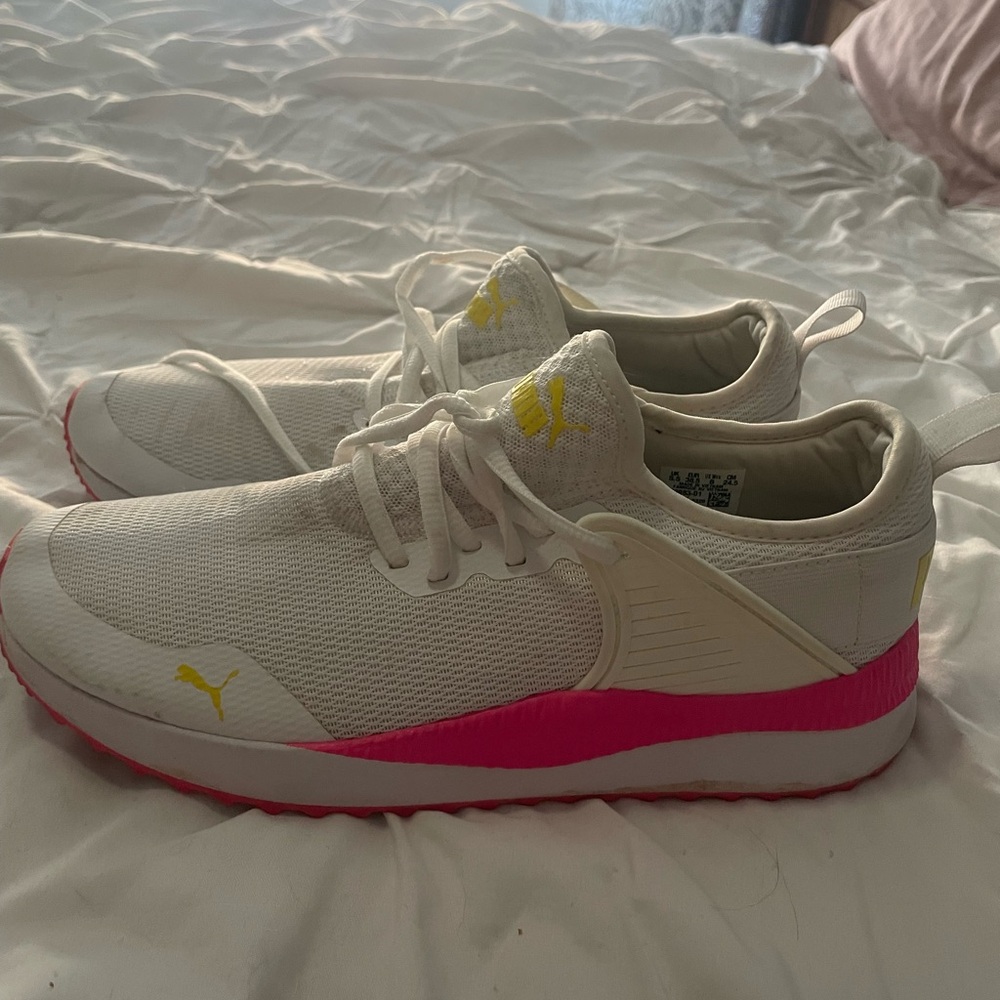 Puma Women's White and Yellow Sneakers with Pink Accents